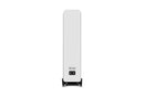 Back of a white floor-standing speaker on a white background