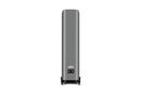 Back of a gray floor-standing speaker on a white background