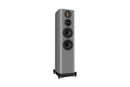 Gray floor-standing speaker on a white background