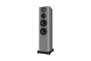 Gray floor-standing speaker on a white background