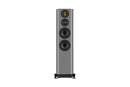 Gray floor-standing speaker on a white background