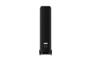 Back of a black floor-standing speaker on a white background