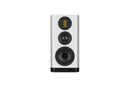 White bookshelf speaker with black accents on a white background