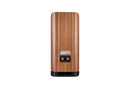 Back of a wooden bookshelf speaker on a white background