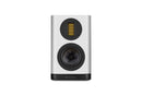 White bookshelf speaker with black accents on a white background