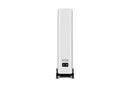 Back of a white floor-standing speaker on a white background