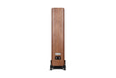 Back of a wooden floor-standing speaker on a white background