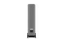 Back of a gray floor-standing speaker on a white background