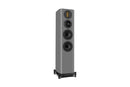 Gray floor-standing speaker on a white background