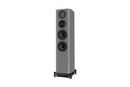 Gray floor-standing speaker on a white background