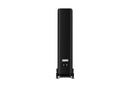 Back of a black floor-standing speaker on a white background