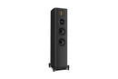 Black floor-standing speaker on a white background