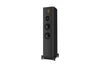 Black floor-standing speaker on a white background