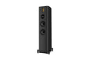 Black floor-standing speaker on a white background