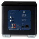Back panel of a REL Acoustics subwoofer with branding and model information.