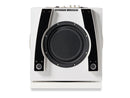 Bottom of a white subwoofer with REL branding on a white background