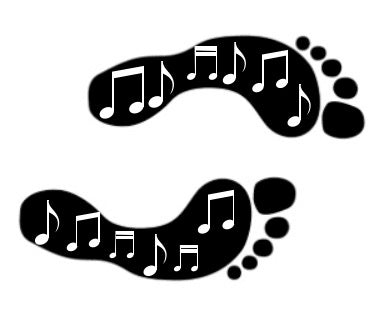 Two horizontal black footprint shapes with white musical notes inside them