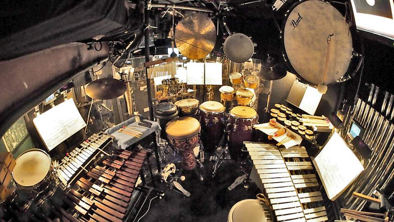 The large, tuned percussion section for the Broadway production of Aladdin