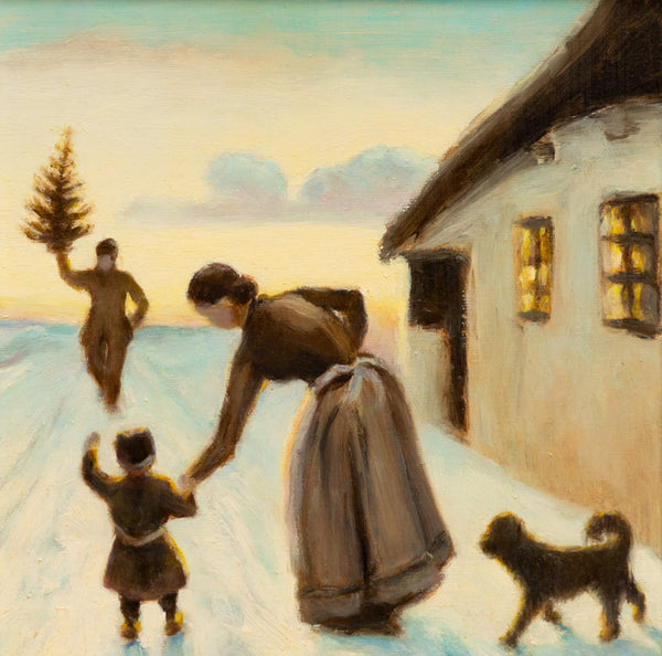 A painted image of a woman with a child watching a man bring a Christmas tree to their house. A dog is also watching in the bottom right corner.
