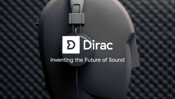 A close up of a pair of black headphones with the logo of company "Dirac" and the words "Inventing the Future of Sound"