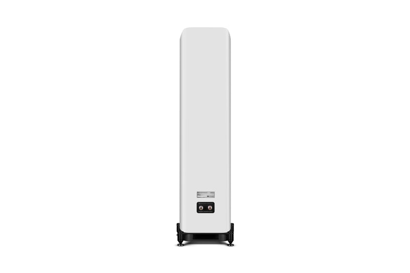 Back of a white floor-standing speaker on a white background