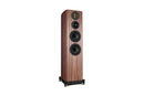 Wooden floor-standing speaker on a white background