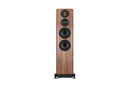Wooden floor-standing speaker on a white background