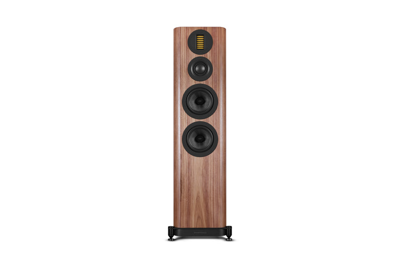 Wooden floor-standing speaker on a white background