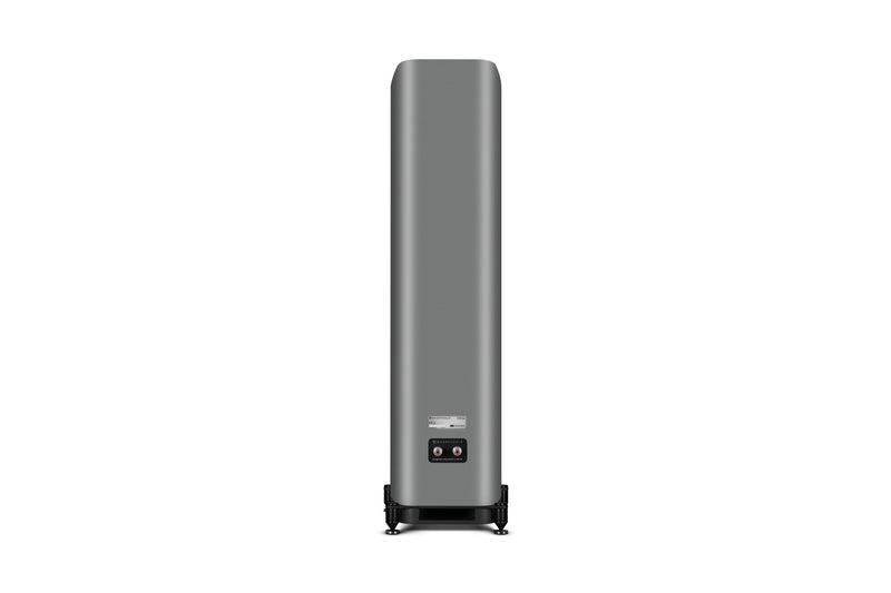 Back of a gray floor-standing speaker on a white background