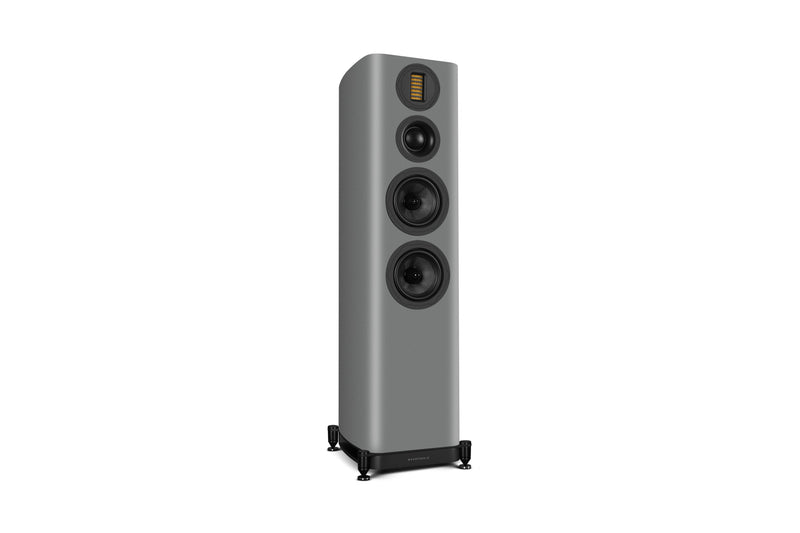 Gray floor-standing speaker on a white background