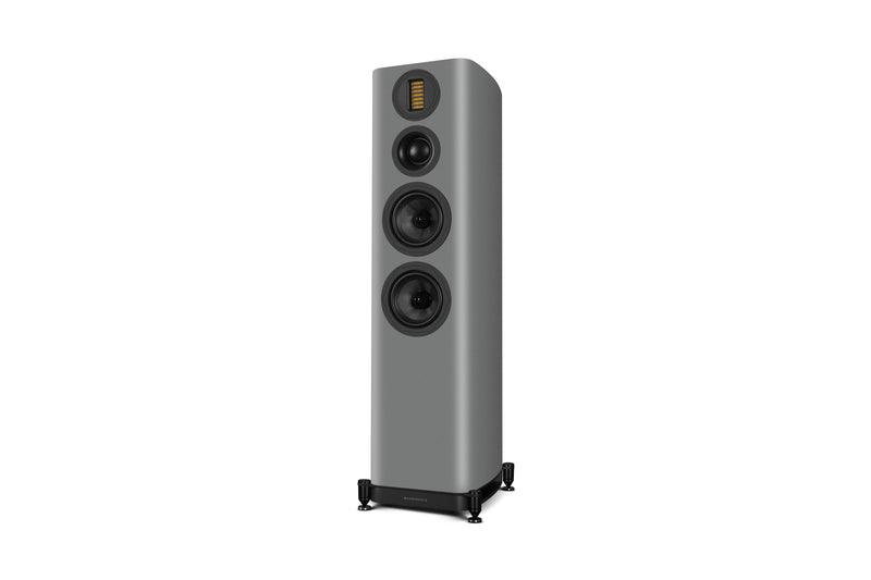 Gray floor-standing speaker on a white background