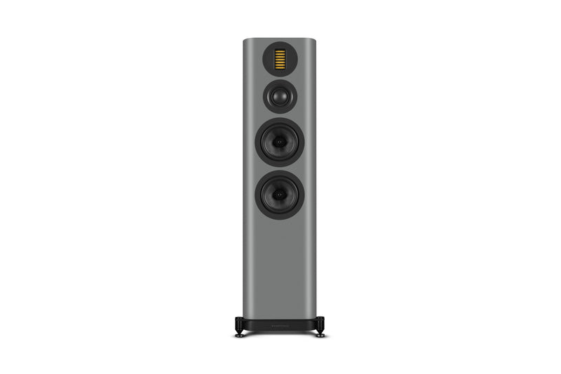 Gray floor-standing speaker on a white background