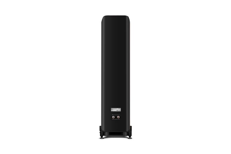 Back of a black floor-standing speaker on a white background