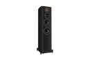 Black floor-standing speaker on a white background