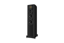 Black floor-standing speaker on a white background