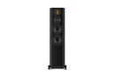 Black floor-standing speaker on a white background