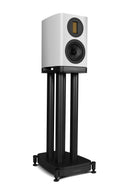 White speaker on a black stand against a white background