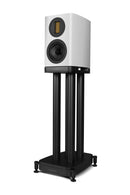 White speaker on a black stand against a white background