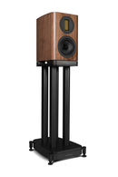 Wooden speaker on a stand with a white background