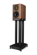 Wooden speaker on a black stand against a white background