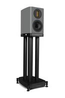 Gray speaker on a black stand against a white background