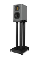Gray speaker on a black stand against a white background