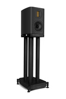 Black speaker on a stand with a white background
