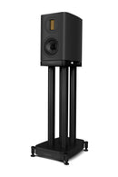 Black speaker on a stand with a white background