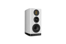 White bookshelf speaker with black accents on a white background