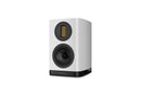 White bookshelf speaker with black details on a white background