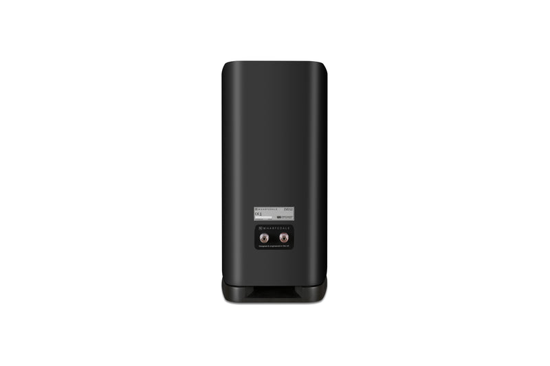 Back of a black bookshelf speaker on a white background