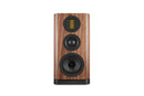 Wooden bookshelf speaker with black accents on a white background