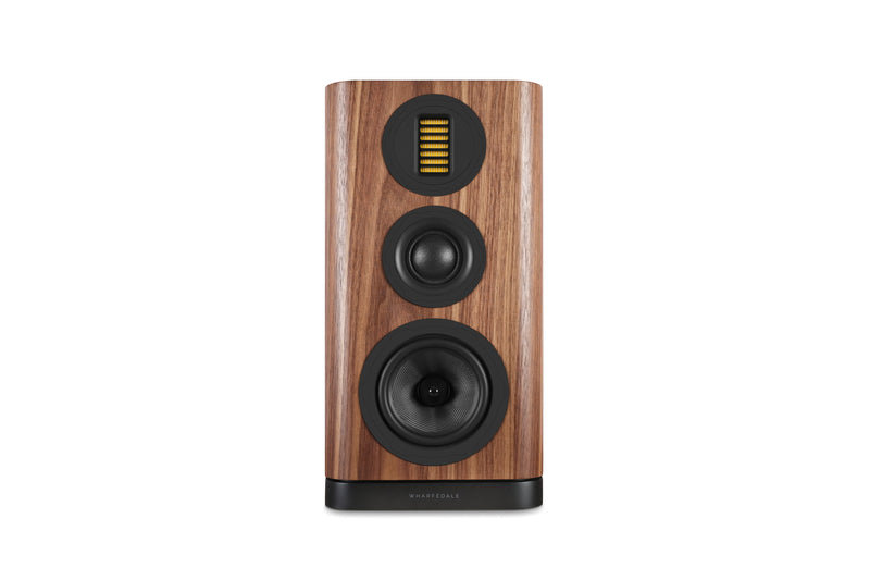 Wooden bookshelf speaker with black accents on a white background