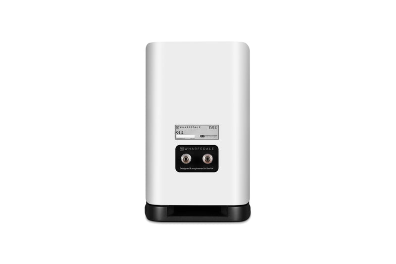 Back of a white bookshelf speaker on a white background